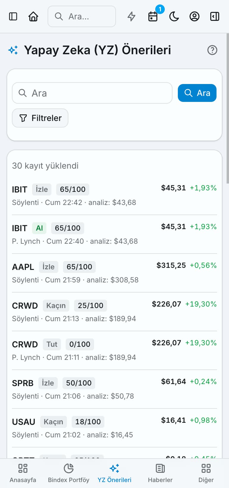 Bindex’te hareketli hisseleri incelemek
